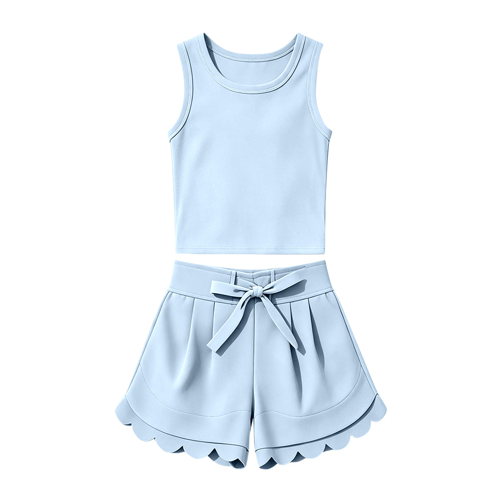 ( Moq 5 ) Preorder Baby Girls Kids Sleeveless Light Blue Vest Scallop Shorts Yoga Active Set Clothes