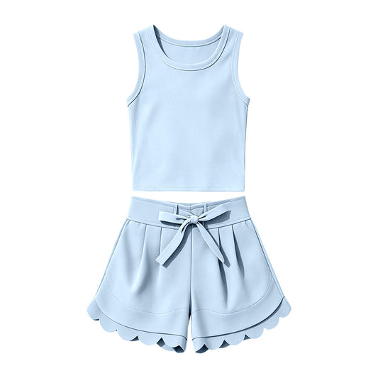 ( Moq 5 ) Preorder Baby Girls Kids Sleeveless Light Blue Vest Scallop Shorts Yoga Active Set Clothes