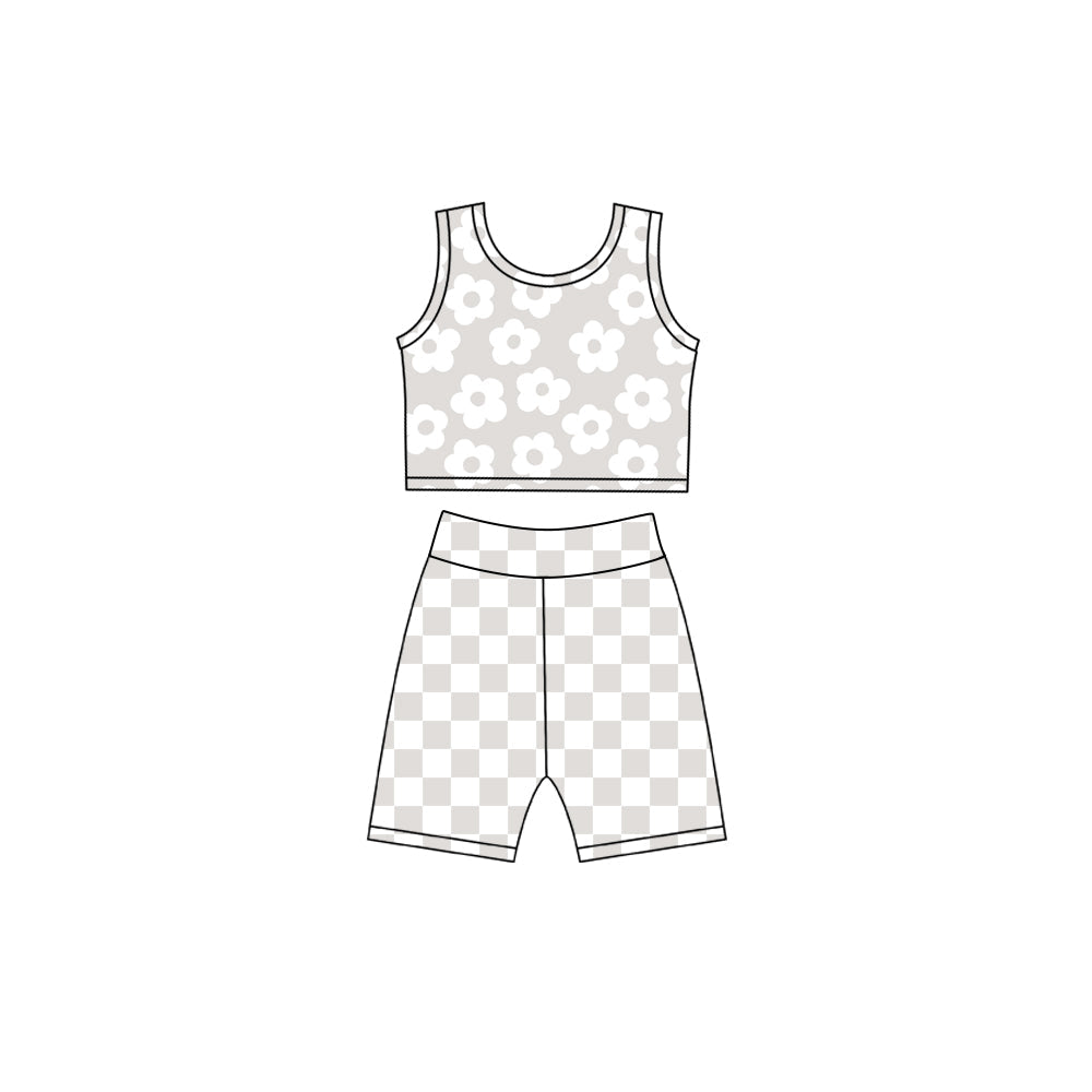 ( Moq 5 ) Preorder Baby Girls Kids Flower Tops Grey Checked Shorts Yoga Active Set Clothes