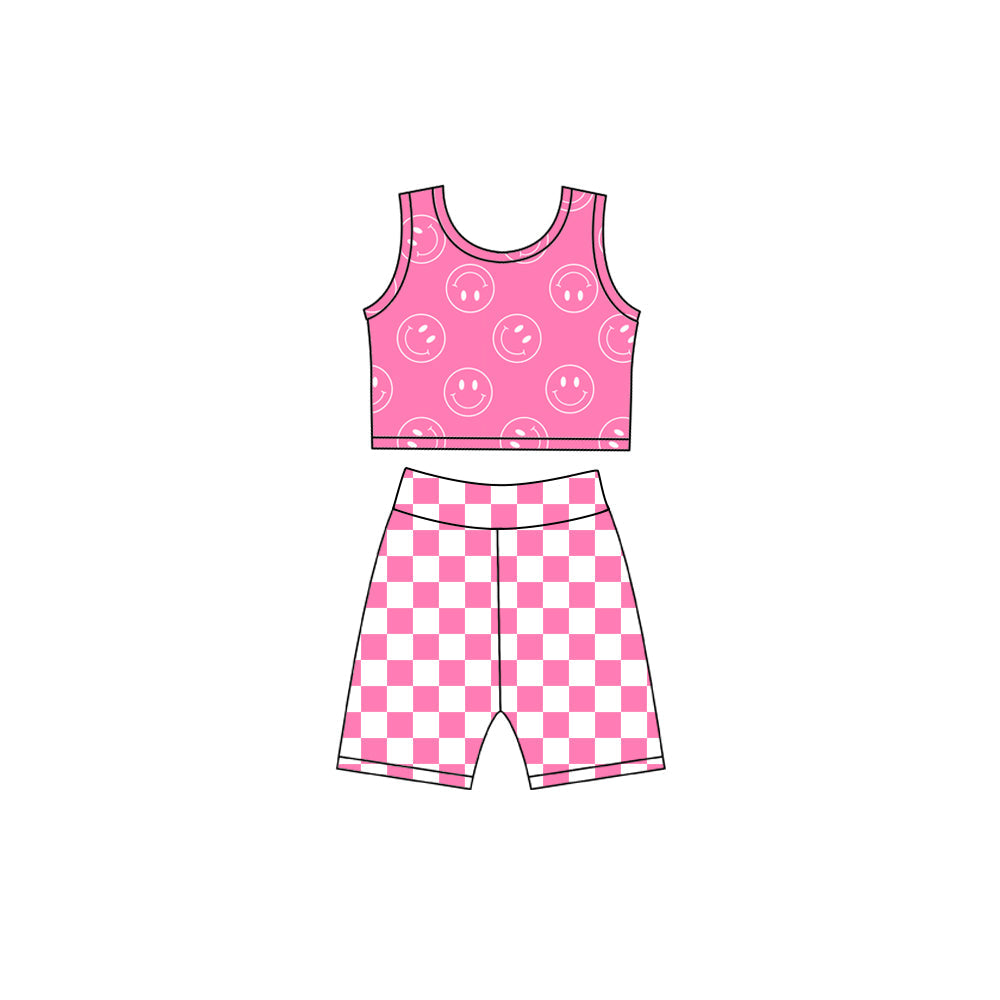 ( Moq 5 ) Preorder Baby Girls Kids Smile Tops Pink Checked Shorts Yoga Active Set Clothes