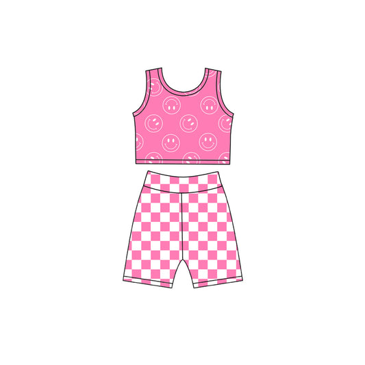 ( Moq 5 ) Preorder Baby Girls Kids Smile Tops Pink Checked Shorts Yoga Active Set Clothes