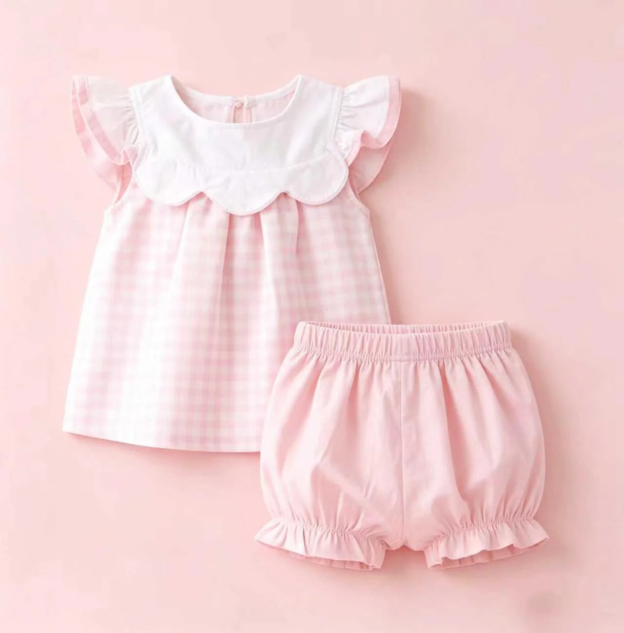 ( Moq 5 ) Preorder Baby Girls Short Sleeves Scallop Pink Plaid Tops Shorts Set Clothes