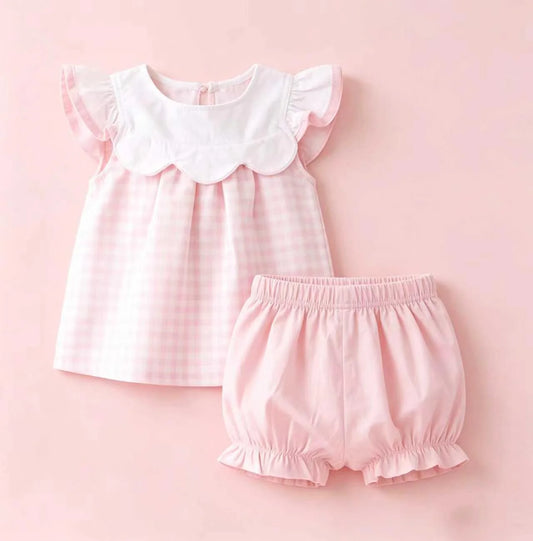 ( Moq 5 ) Preorder Baby Girls Short Sleeves Scallop Pink Plaid Tops Shorts Set Clothes