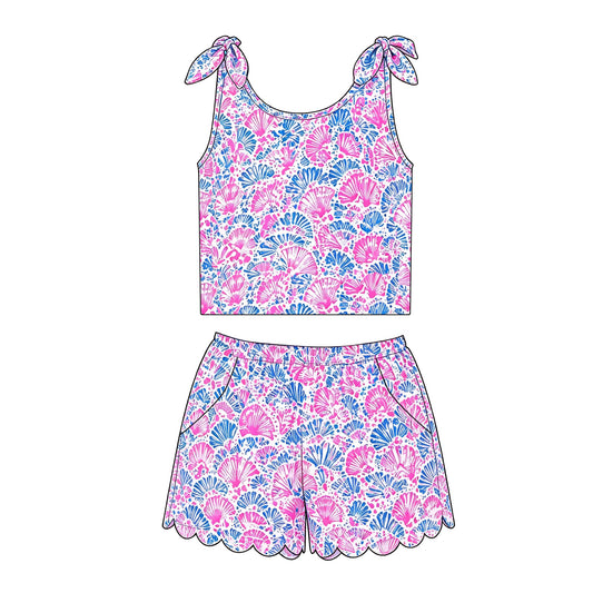 ( Moq 5 ) Preorder Baby Girls Kids Sleeveless Shell Tops Scallop Pockets Shorts Set Summer Clothes
