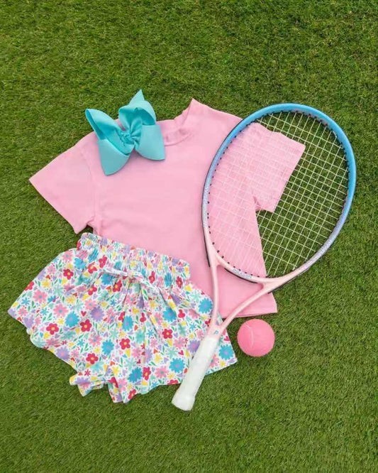 ( No moq ) Preorder Baby Girl Kids Short Sleeves Pink Shirt Flower Ruffle Shorts Set Summer Clothes