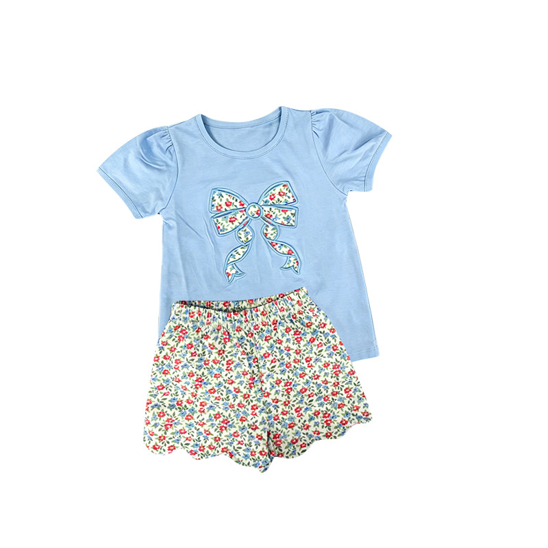 ( Moq 5 ) Preorder Baby Girls Kids Blue Short Sleeves Bow Shirt Floral Scallop Shorts Set Clothes