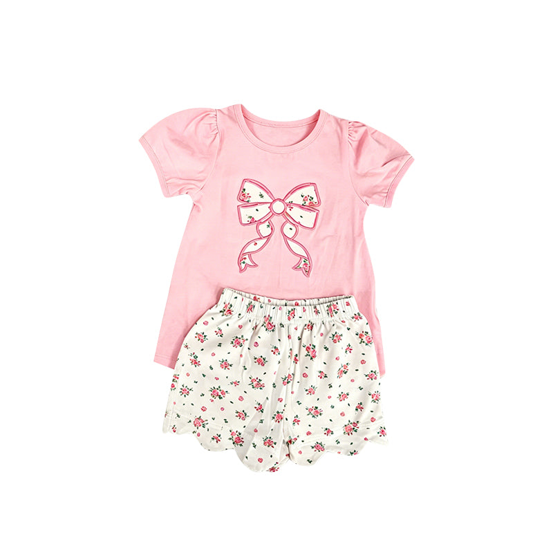 ( Moq 5 ) Preorder Baby Girls Kids Pink Short Sleeves Bow Shirt Floral Scallop Shorts Set Clothes