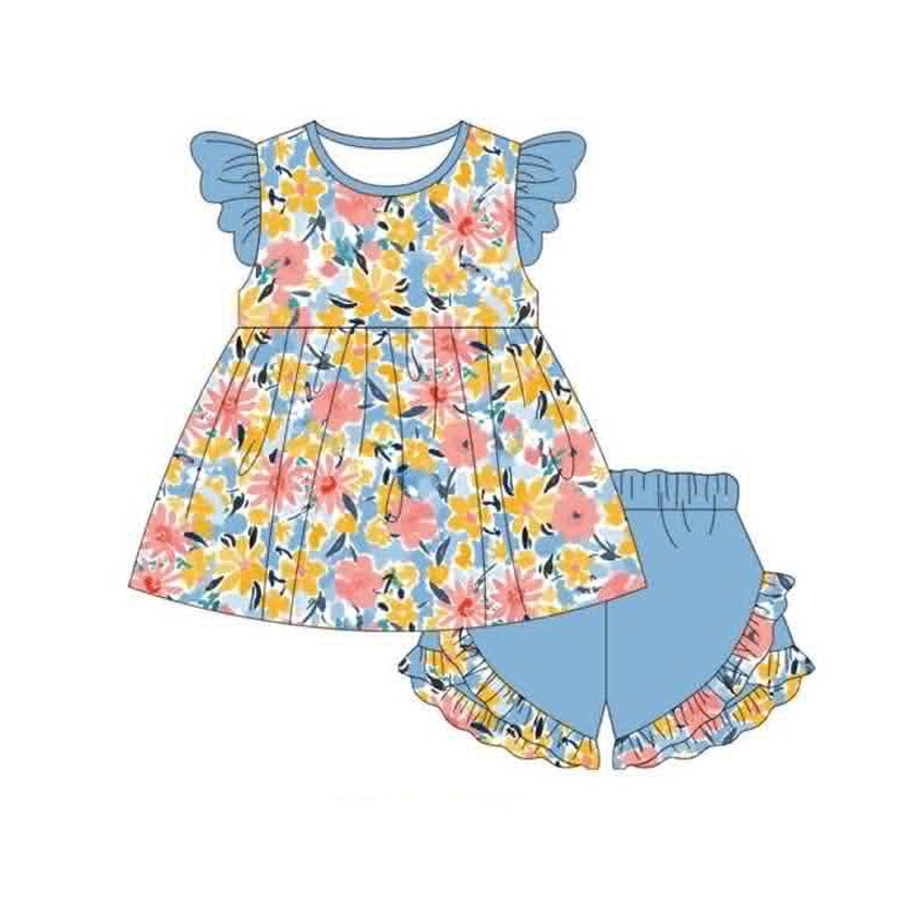 ( Moq 5 ) Preorder Baby Girls Kids Short Sleeves Flower Tunic Blue Ruffle Shorts Summer Set