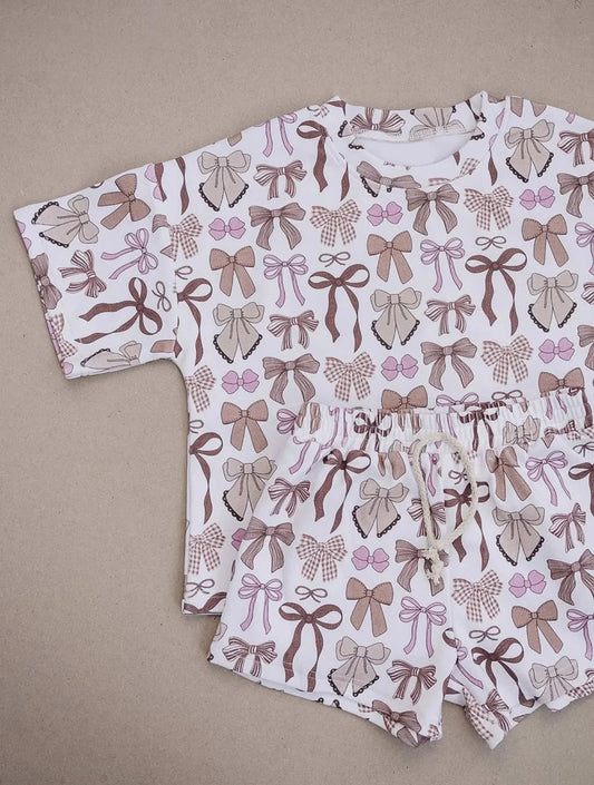 ( Moq 5 ) Preorder Baby Kids Girls Short Sleeves Bows Shirt Shorts Summer Set