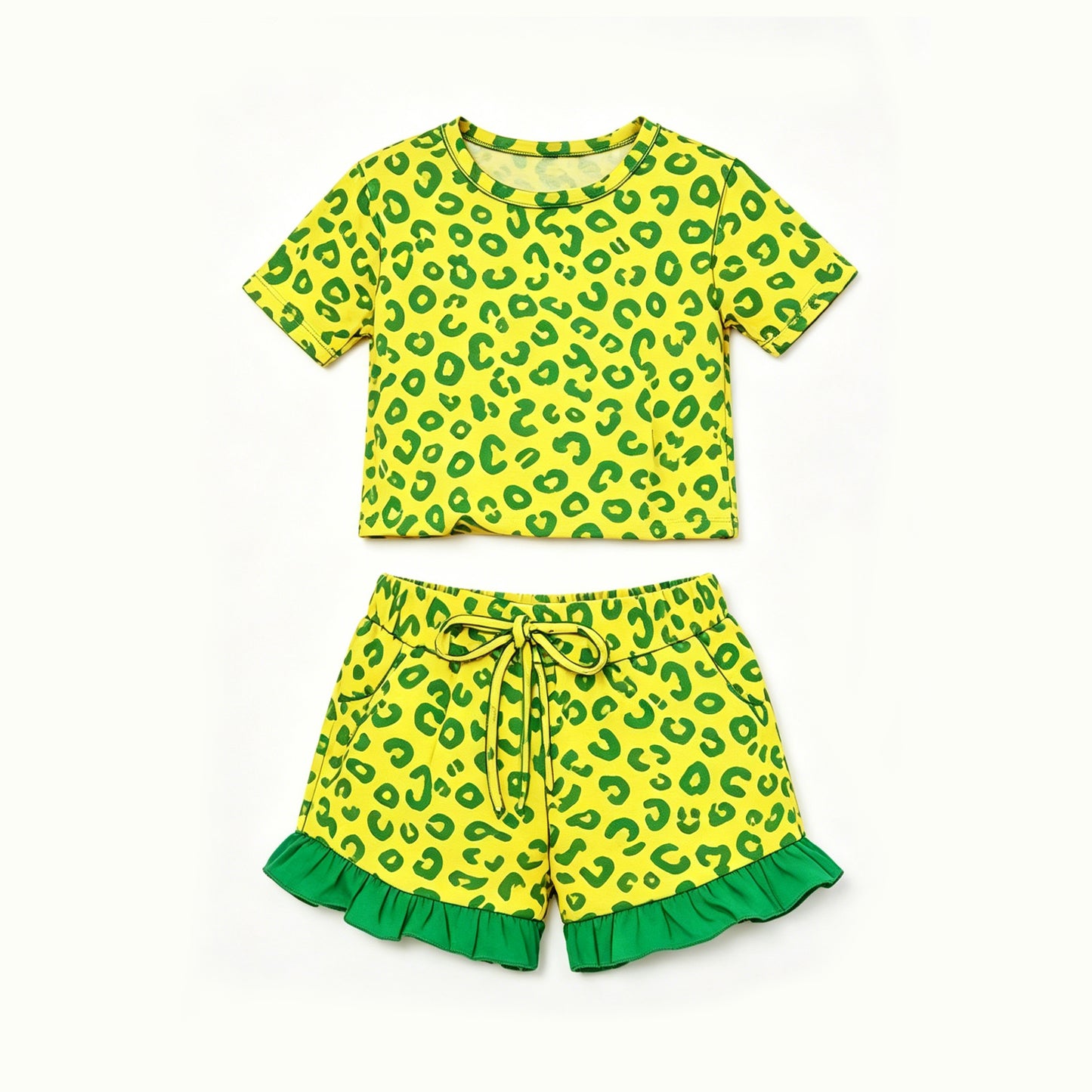 ( Moq 5 ) Preorder Baby Girls Kids Short Sleeves Leopard Shirt Pockets Shorts Summer Set Yellow Clothes