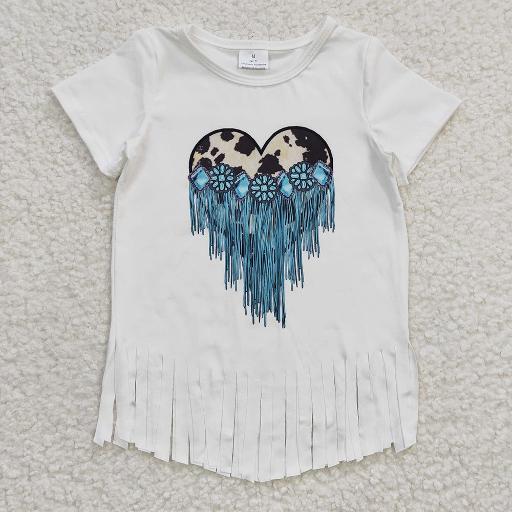 Baby Girl White Short Sleeves Turquoise Tassel Shirt Sibling Tops RTS