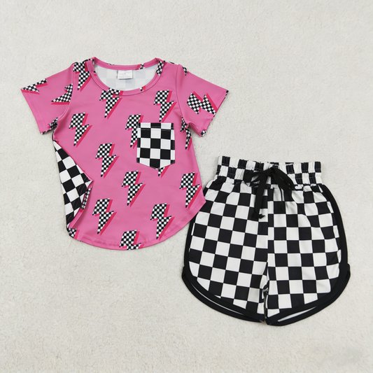 Baby Girls Kids Short Sleeves Pink Shirt Black Checked Shorts Set Clothes RTS