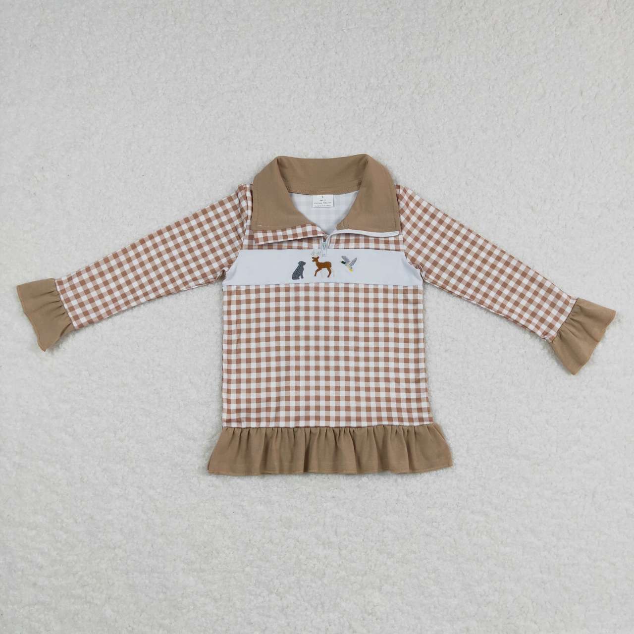 Sibling Boys Girls Long Sleeves Embroidery Dogs Ducks Deer Plaid Zipper Pullovers Tops