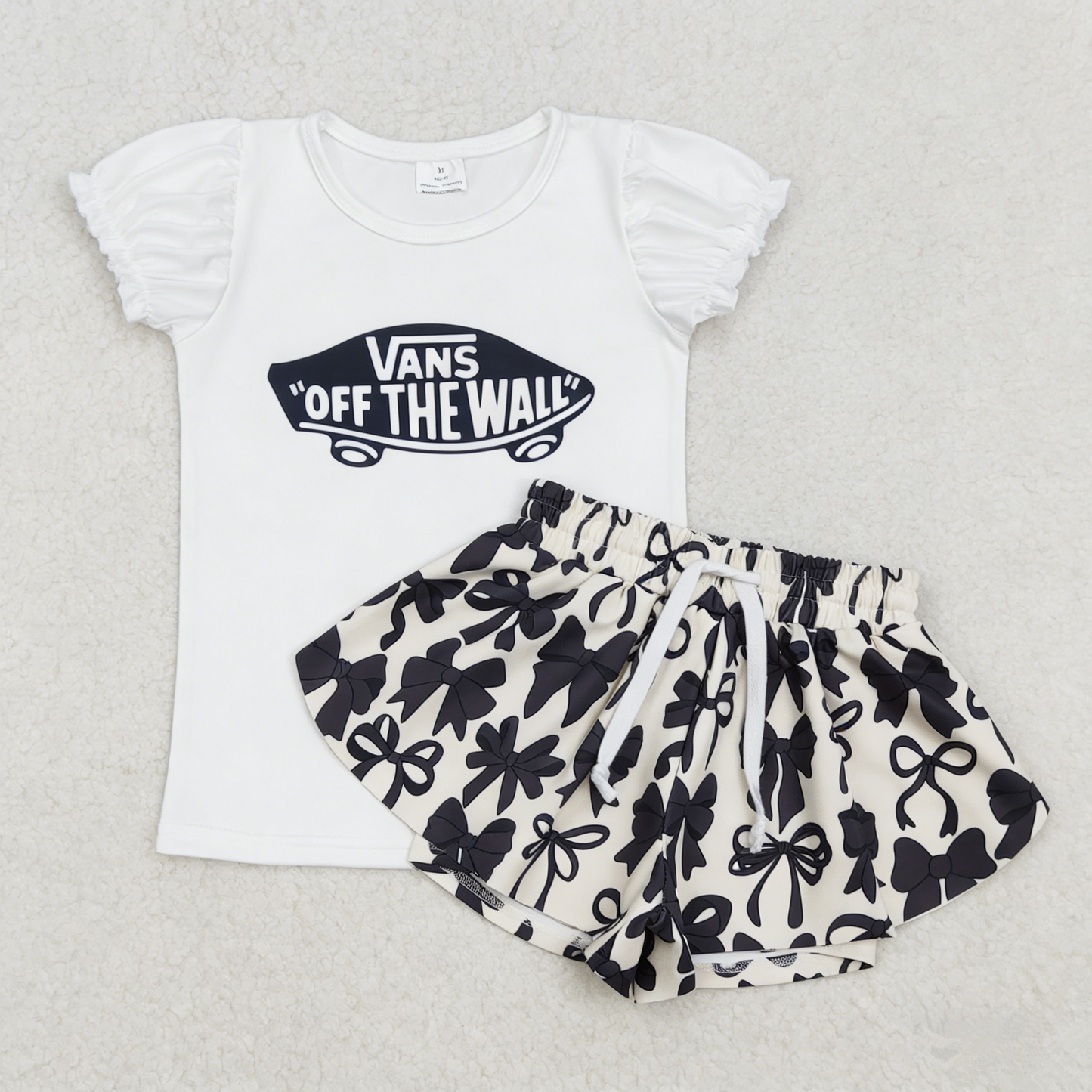 Baby Girl Kids Short Sleeves Car Shirt Black Bows Yoga Ruffle Shorts Set Clothes RTS