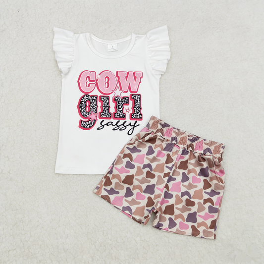 Baby Girls Kids Short Sleeves Cowgirl Shirt Camo Shorts Western Clothes Set RTS