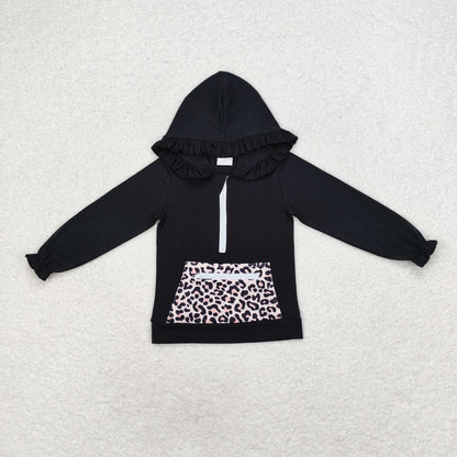 Baby Girl Toddler Long Sleeves Ruffle Hoodie Leopard Flower Pocket Sibling Zipper Shirt Tops RTS