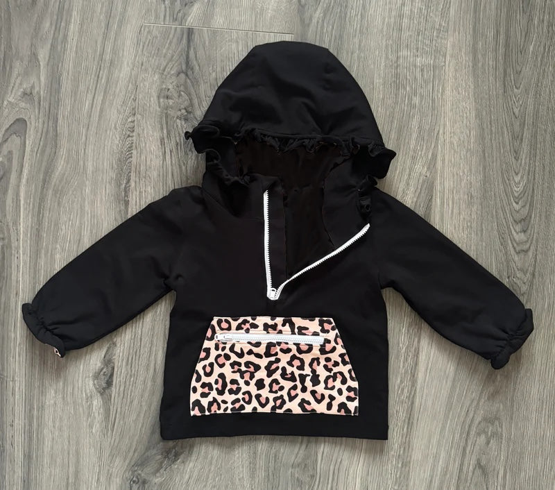 Pre-order Baby Girl Black Ruffle Hooded Leopard Pocket Long Sleeve Tops