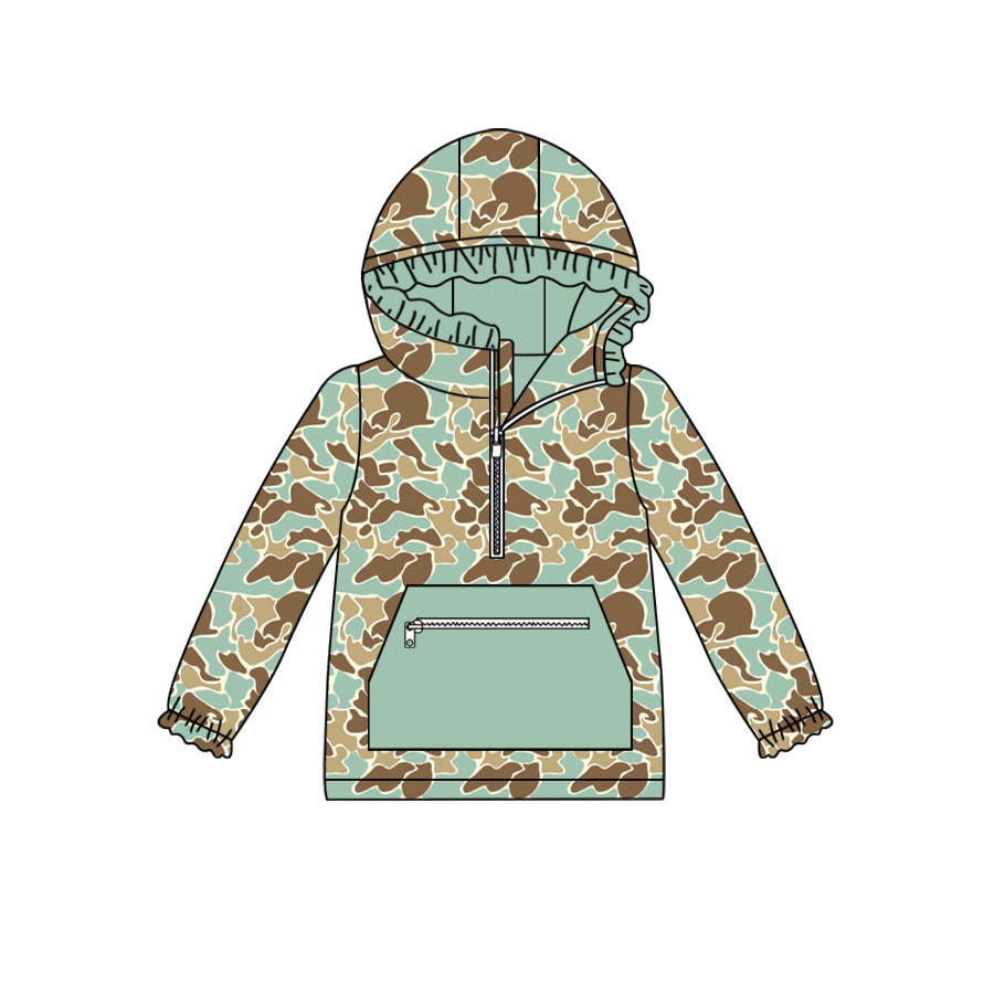 Pre-order Camo Print Pocket Girls Hoodie Zipper Tee Shirts Top