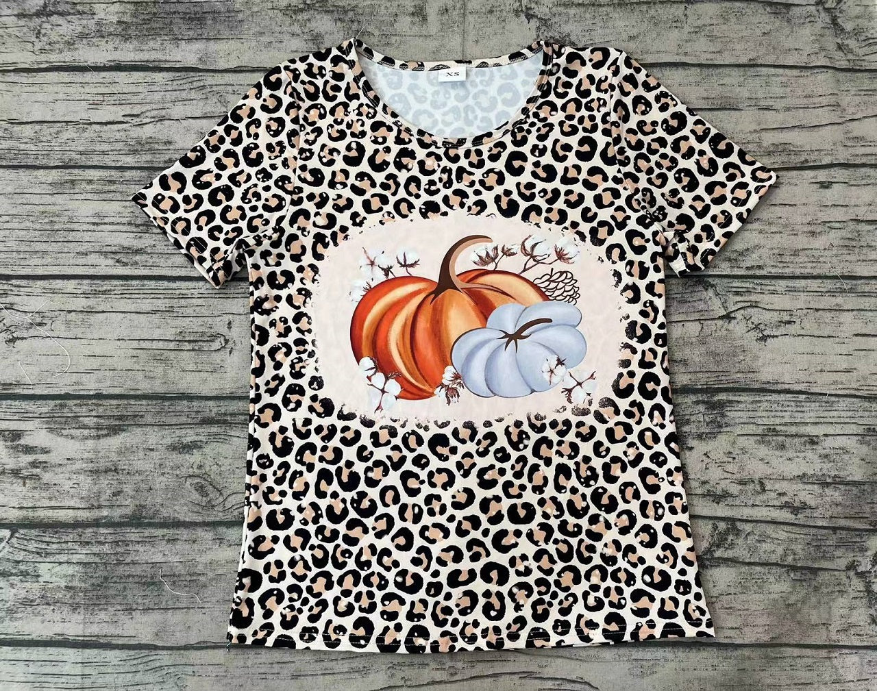 Adult Women Short Sleeves Leopard Pumpkin Fall Shirt Tops