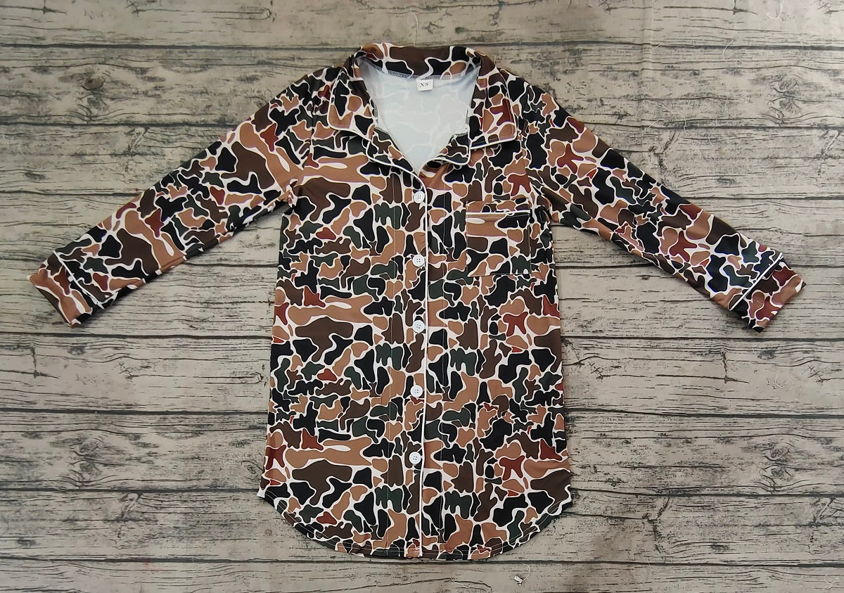 Adult Women Long Sleeves Camo Brown Fall Buttons Tops