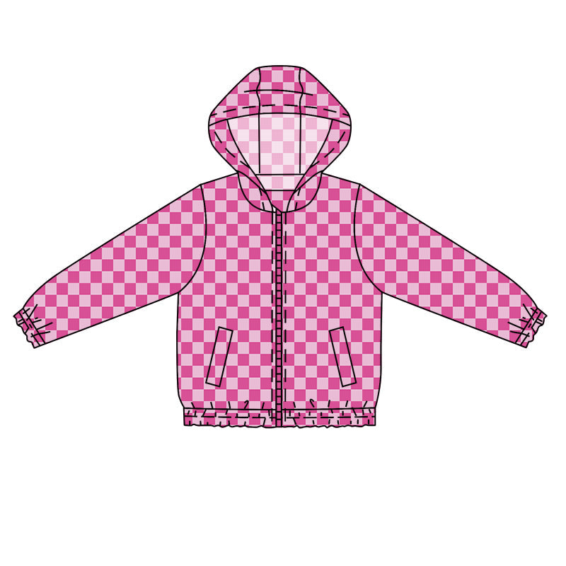 Pre-order Baby Girl Pink Checkered Hooded Zipper Pocket Jacket Cardigan Tops