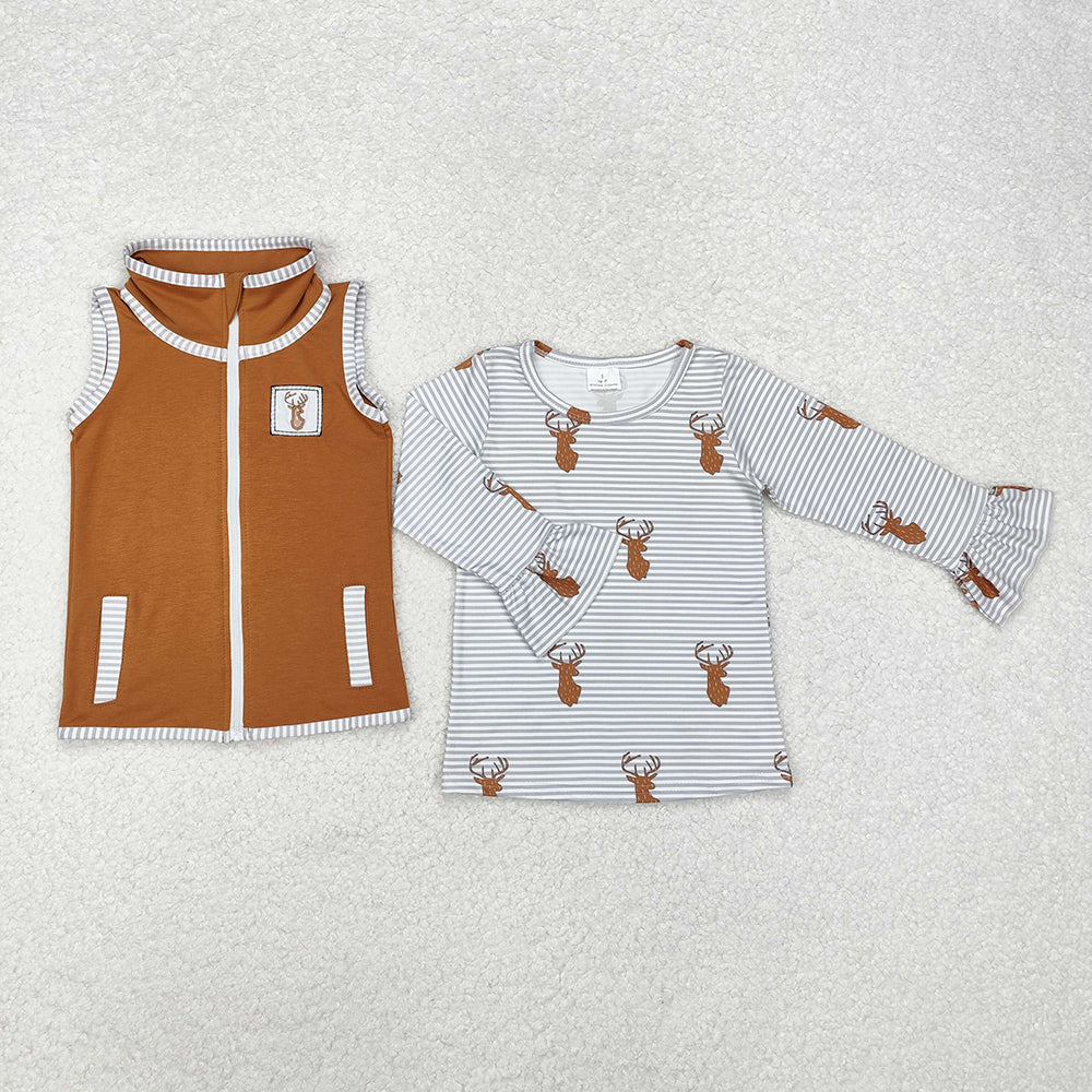 Baby Boy Girl Long Sleeves Deer Shirt Embroidery Vest Sibling Hunting Set