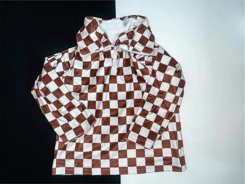 Pre-order Baby Boy Brown Checkered Zipper Pullover Tops