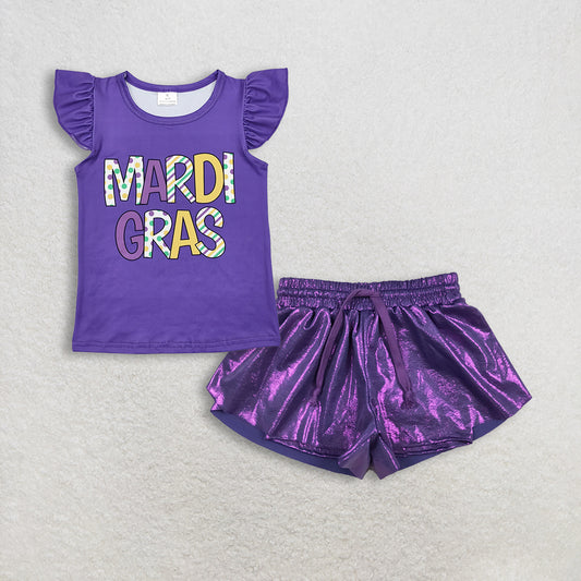 Baby Girls Purple Short Sleeves Mardi Gras Shirt Leather Ruffle Shorts Set RTS