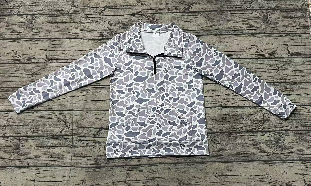 Adult Women Long Sleeves Shirt Zipper Grey Camo Pullover