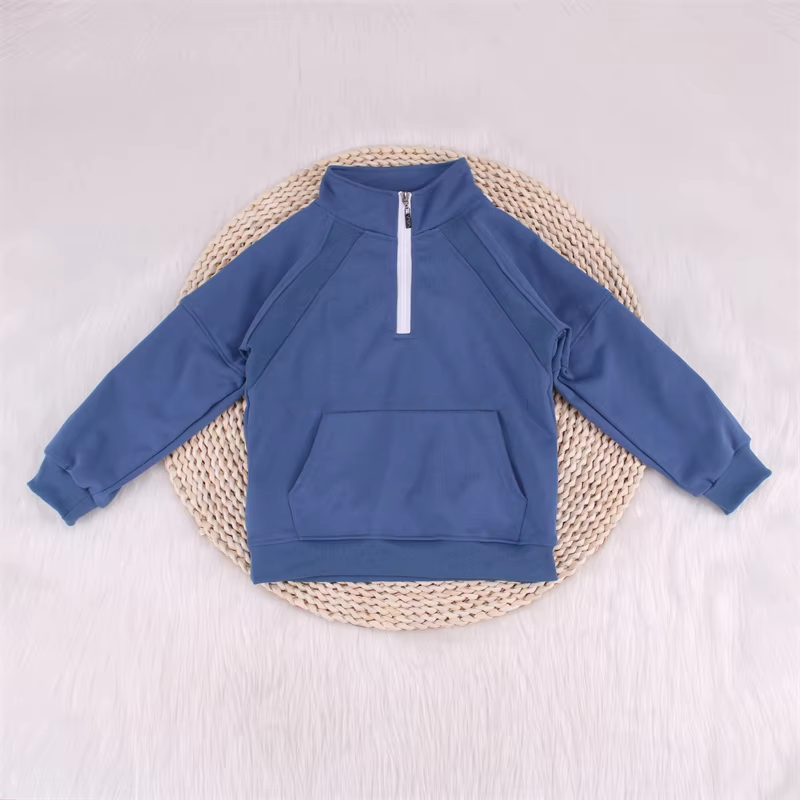 Pre-order Baby Kids Todder Blue Long Sleeves Pocket Zipper Pullover Shirt