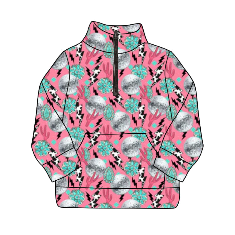 Pre-order Baby Girl Long Sleeves Western Turquoise Zipper Pink Shirt