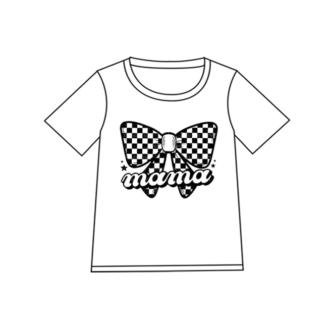 Preorder Adult Women Short Sleeves Mama Checkered Bow Tee Shirt Tops