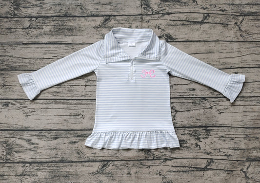 Preorder Baby Girl Long Sleeves Blue Embroidery Bow Zipper Pullover Shirt