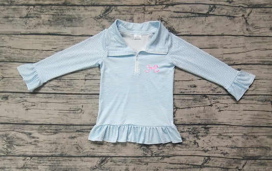 Preorder Baby Girl Long Sleeves Blue Embroidery Bow Zipper Pullover Shirt