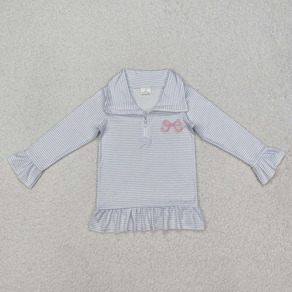 Sibling Girls Kids Long Sleeves Embroidery Bows Shoes Zipper Shirt Tops