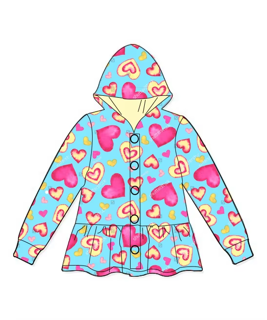 Preorder Baby Girl Long Sleeves Valentines Hearts Hoodie Buttons Coat Tops