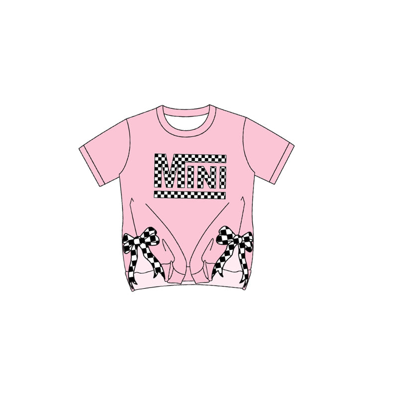 Preorder Baby Girl Short Sleeves Checked Mini Bows Pink Tee Shirt Tops