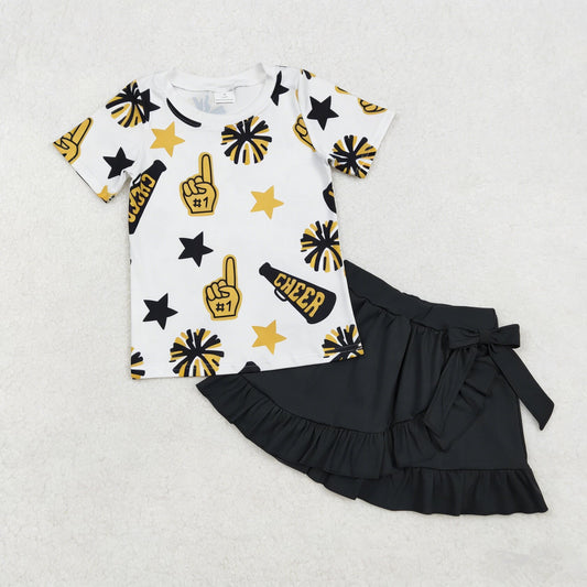 Baby Girl Kids Short Sleeves Cheer Team Yellow Shirt Black Yoga Skirt Shorts Set Clothes RTS