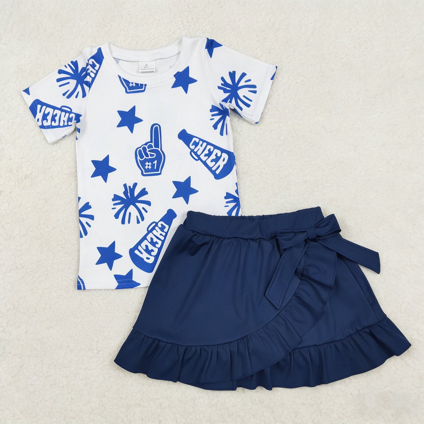 Baby Girl Kids Short Sleeves Cheer Team Shirt Yoga Skirt Shorts Set Blue Clothes RTS