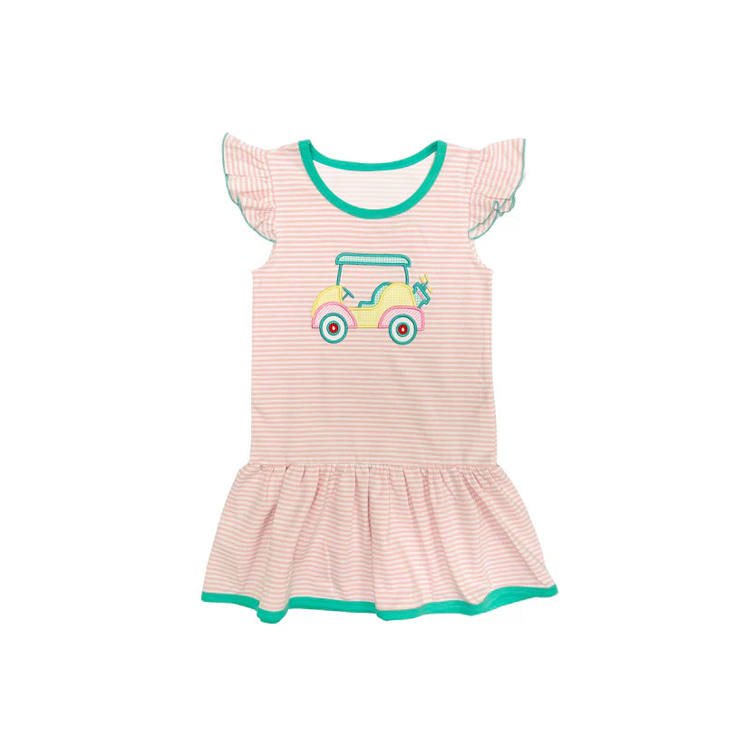 Preorder Baby Girl Short Sleeves Golf Cart Stripes Knee Length Dress