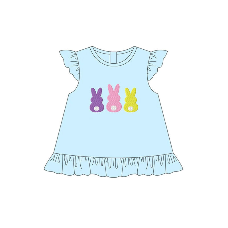 Preorder Baby Girl Short Sleeves Easter Rabbits Blue Tops ( Moq 5 )