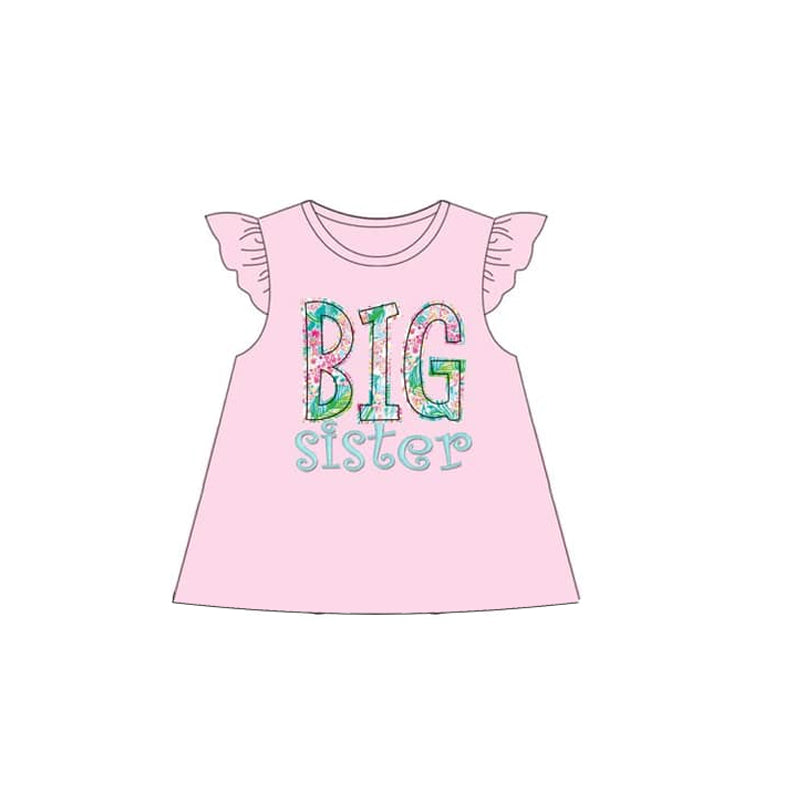 Preorder Baby Girl Short Sleeves Big Sister Flower Pink Shirt Tops ( Moq 5 )