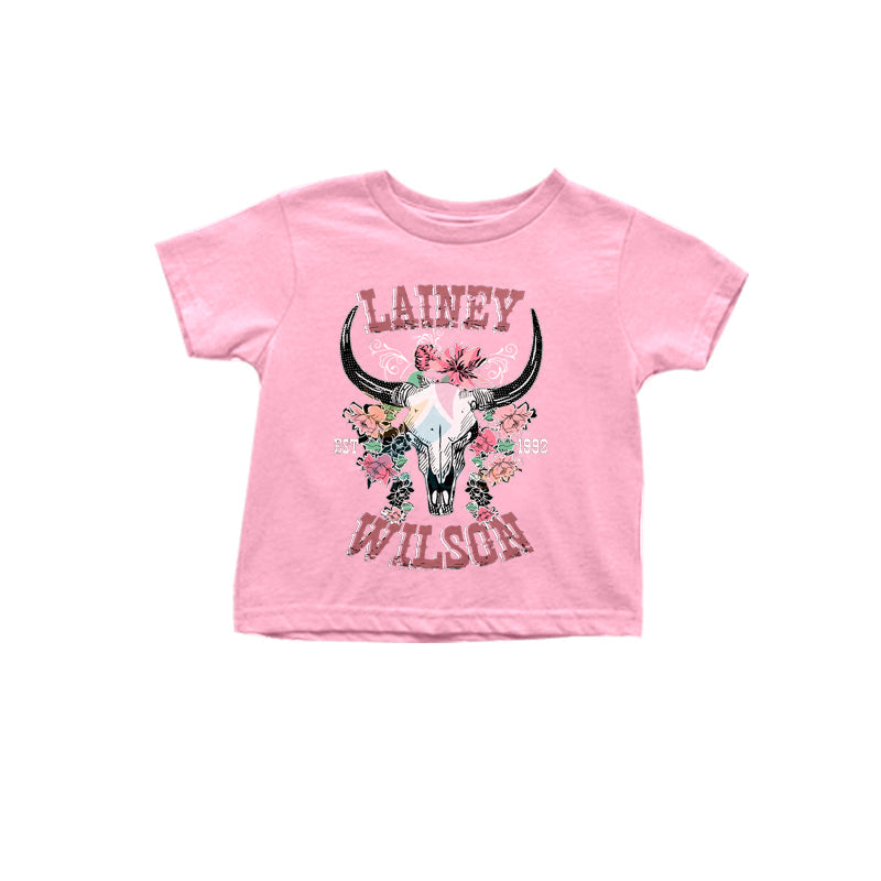 Preorder Baby Girl Pink Short Sleeves Flower Cow Western Tee Shirt（ Moq 5 ）