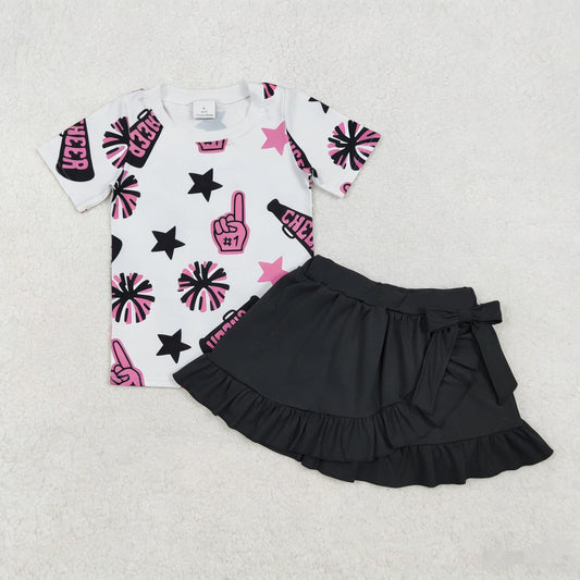 Baby Girl Kids Short Sleeves Cheer Team Pink Shirt Yoga Skirt Shorts Set Clothes RTS