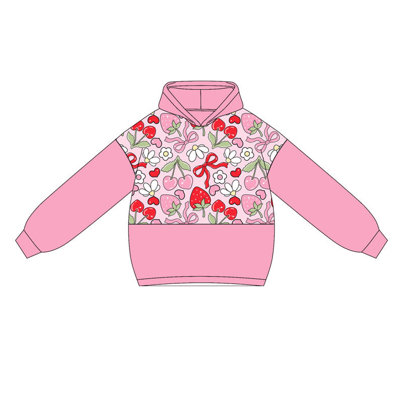 ( Moq 5 ) Preorder Baby Girl Pink Long Sleeves Bows Strawberry Flower Hoodies Tops