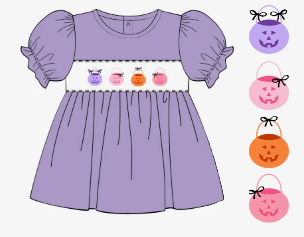 ( Moq 5 ) Preorder Baby Girl Purple Short Sleeves Halloween Ghosts Pumpkins Tunic Tops