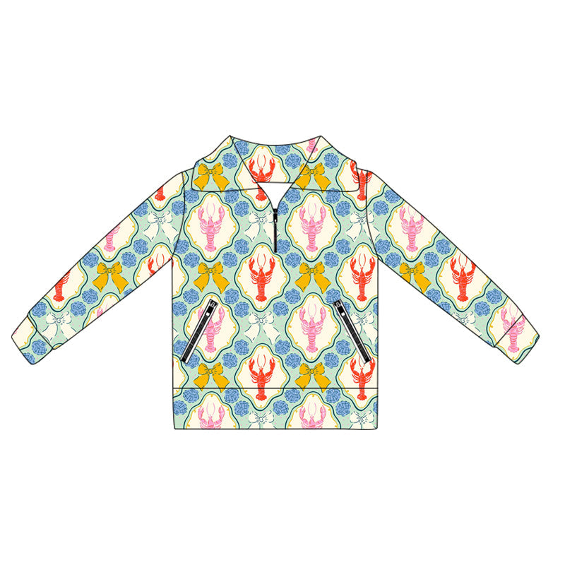 ( Moq 5 ) Preorder Baby Girl Crayfish Bows Shell Yoga Active Zipper Pullover Shirt