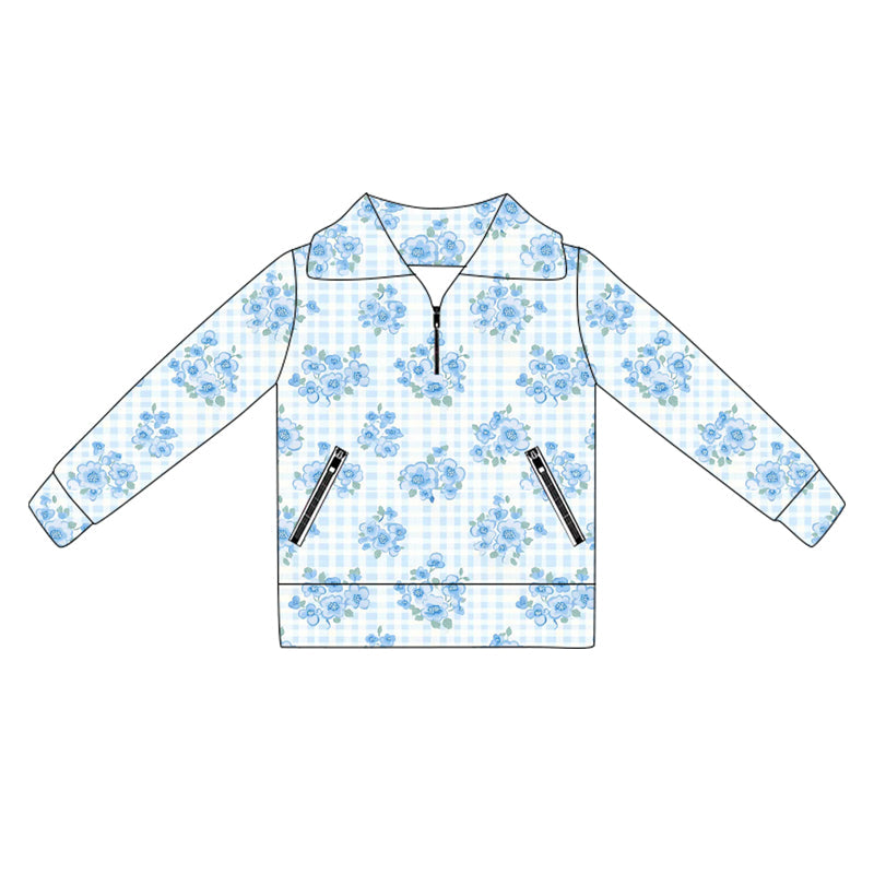 ( Moq 5 ) Preorder Baby Girl Long Sleeves Blue Flower Yoga Active Zipper Pockets Pullover Shirt