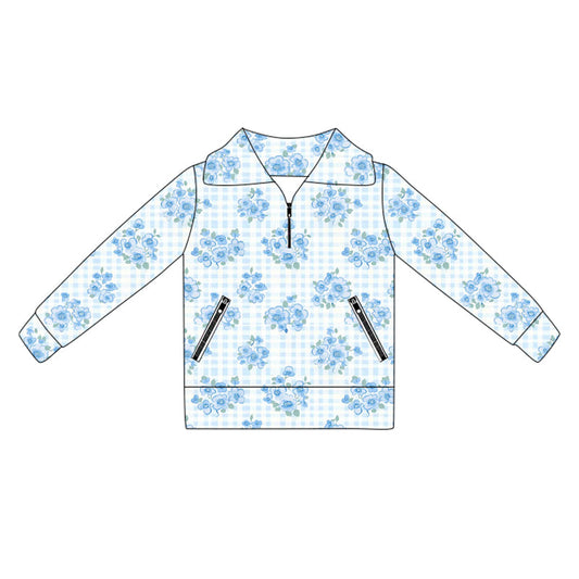 ( Moq 5 ) Preorder Baby Girl Long Sleeves Blue Flower Yoga Active Zipper Pockets Pullover Shirt