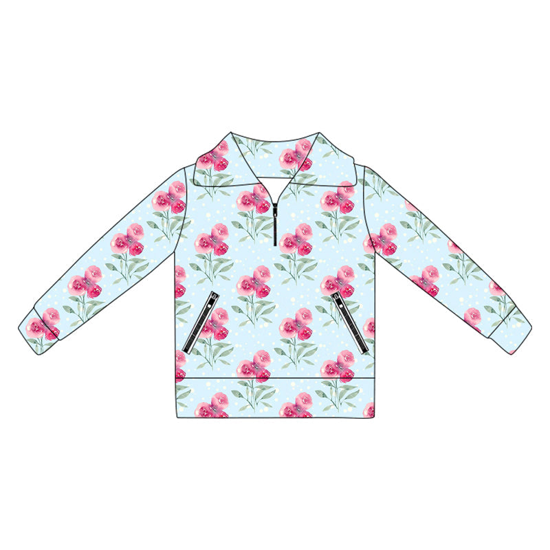 ( Moq 5 ) Preorder Baby Girl Long Sleeves Flower Zipper Pockets Blue Yoga Active Pullover Shirt